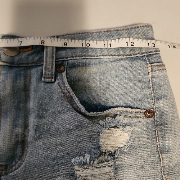 Blue Distressed Jean Shorts with Raw Hem - Picture 5 of 9
